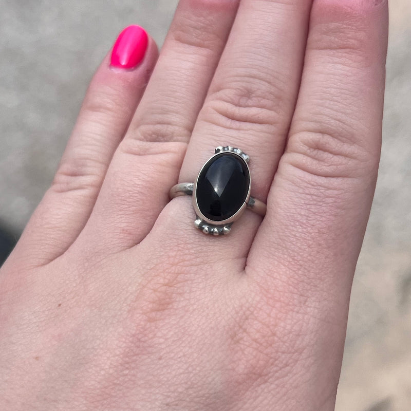Oval Black Onyx with Ball Detail Genuine Ring