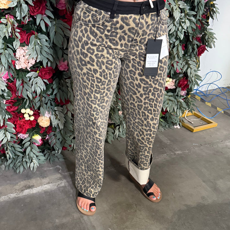RISEN High Rise Wide Leg Leopard Printed Jeans with Contrast Waist Band Detail