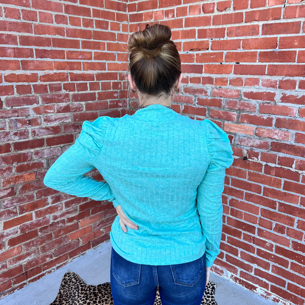 Blue Turquoise Ruffle Shoulder Long Sleeve