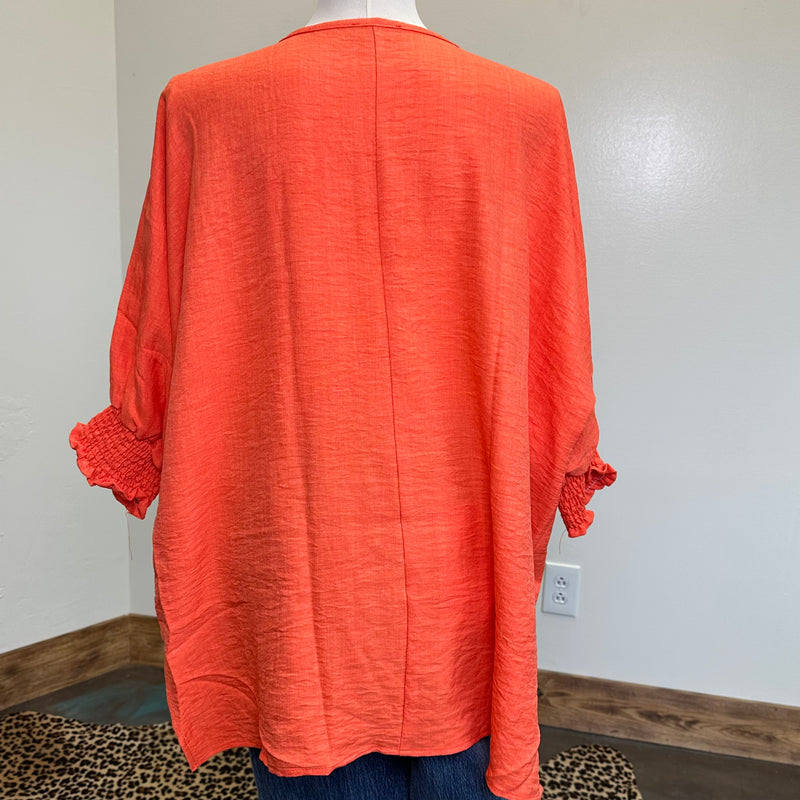 Orange Blouse with Smocking Sleeves Top