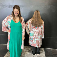 Rust Peach & Turquoise Multi Patterned Kimono Cardigan