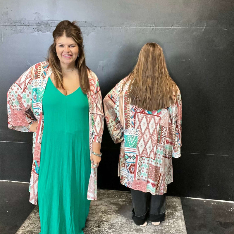 Rust Peach & Turquoise Multi Patterned Kimono Cardigan