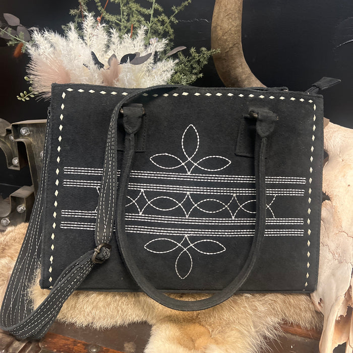 Black Leather Bootstitch Tooled Tote Purse