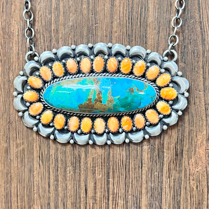 Turquoise & Orange Spiny Oyster Cluster Genuine Necklace