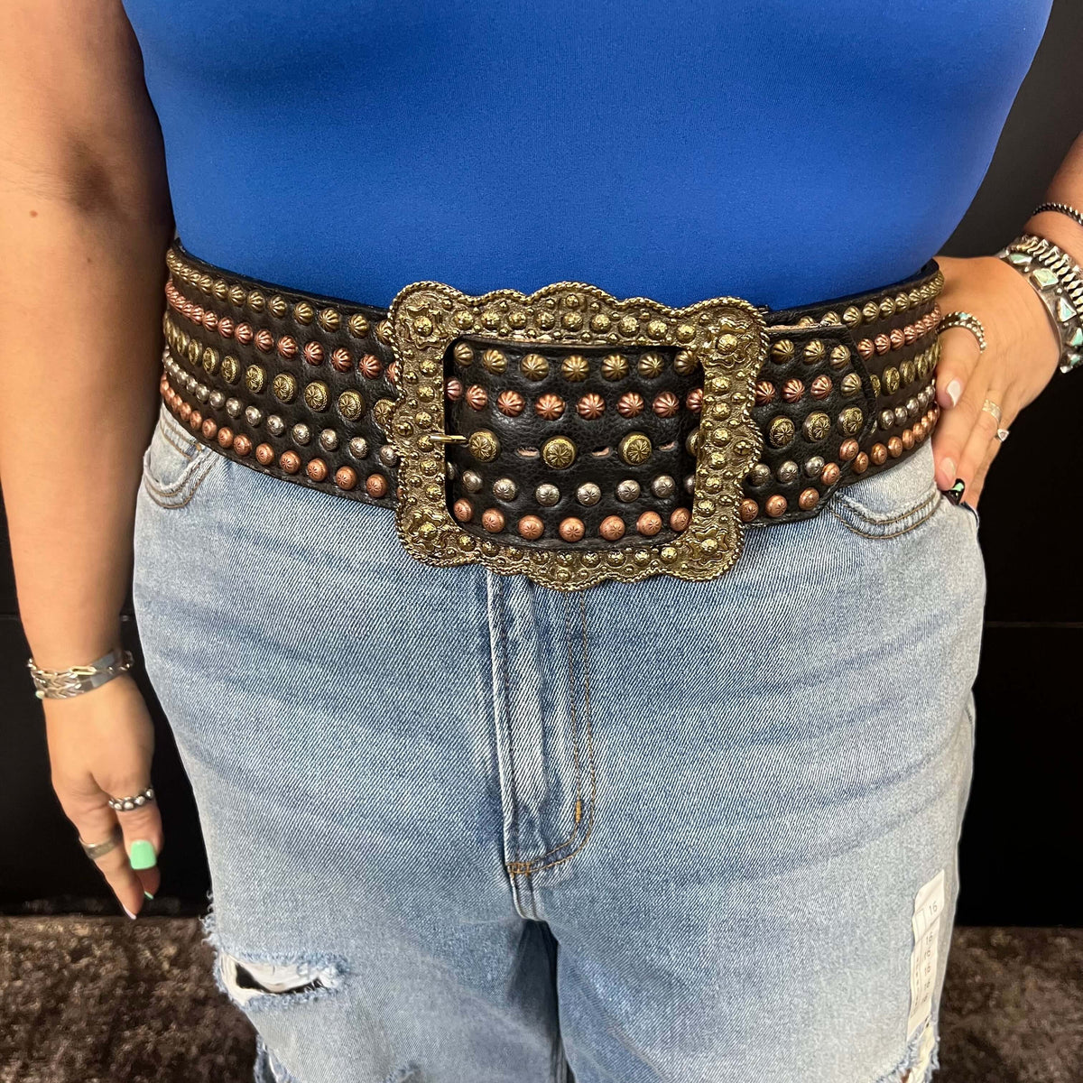 Black Leather with Gold Silver & Brass Studs Belt