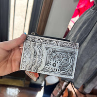 Natural Tooled Leather Card Holder with Zipper