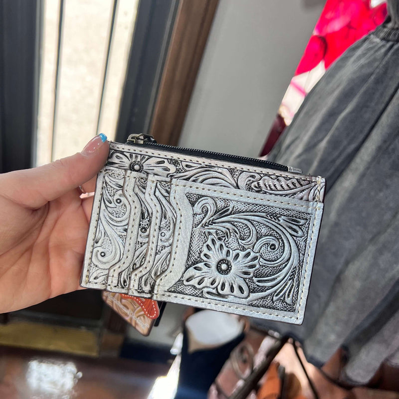 Natural Tooled Leather Card Holder with Zipper