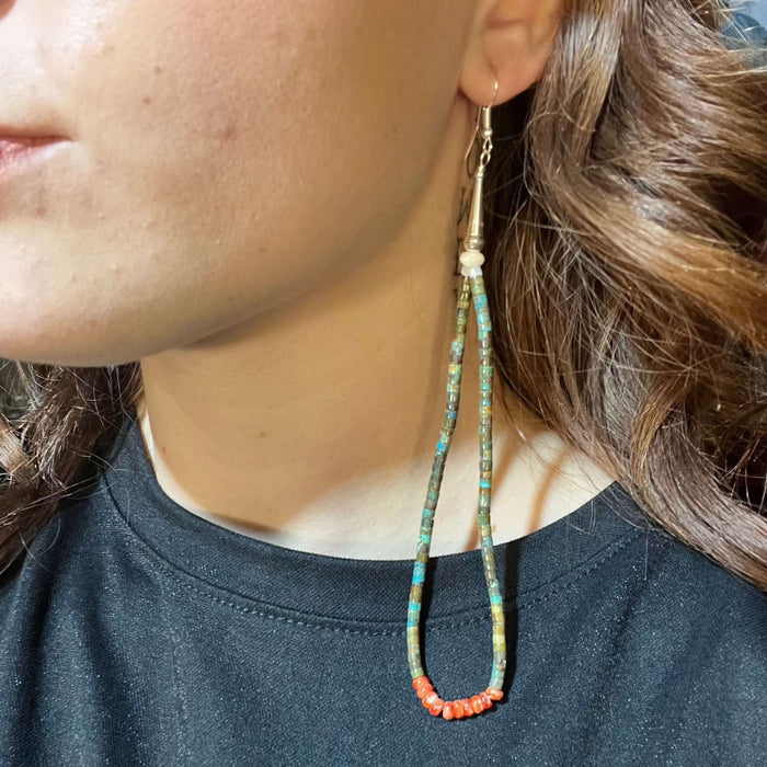 Super Long Turquoise Heishi and Red Spiny Sterling Silver Earrings
