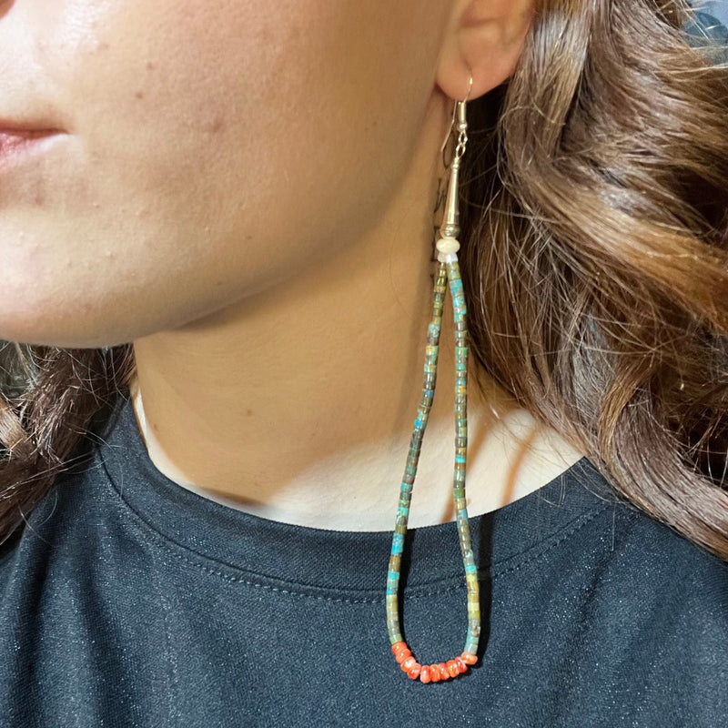 Super Long Turquoise Heishi and Red Spiny Genuine Earrings