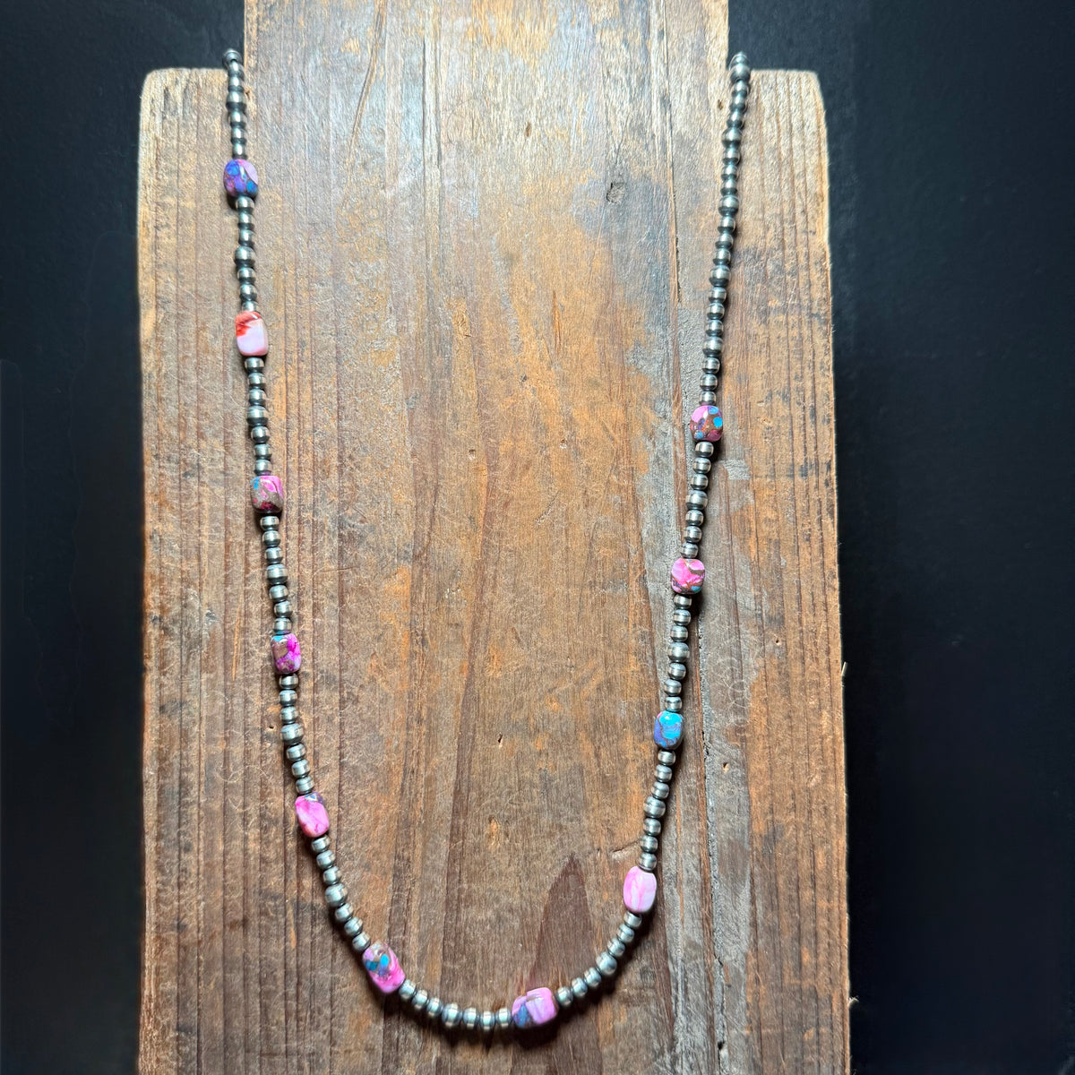 Dainty 24 inch Patterned Navajo Pearls & Mohave Sterling Silver Necklace