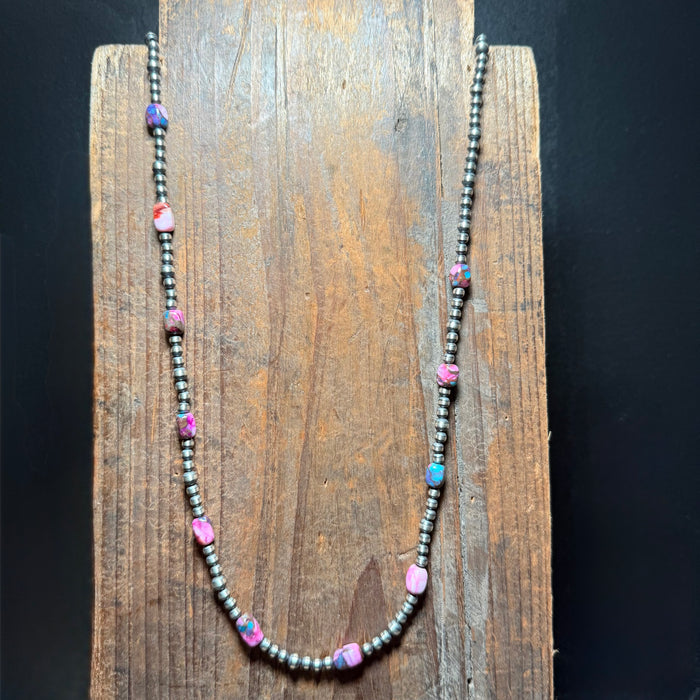 Dainty 24 inch Patterned Navajo Pearls & Mohave Sterling Silver Necklace