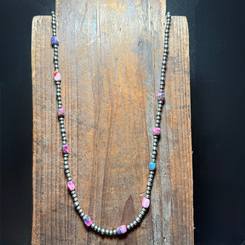 Dainty 24 inch Patterned Navajo Pearls & Mohave Sterling Silver Necklace