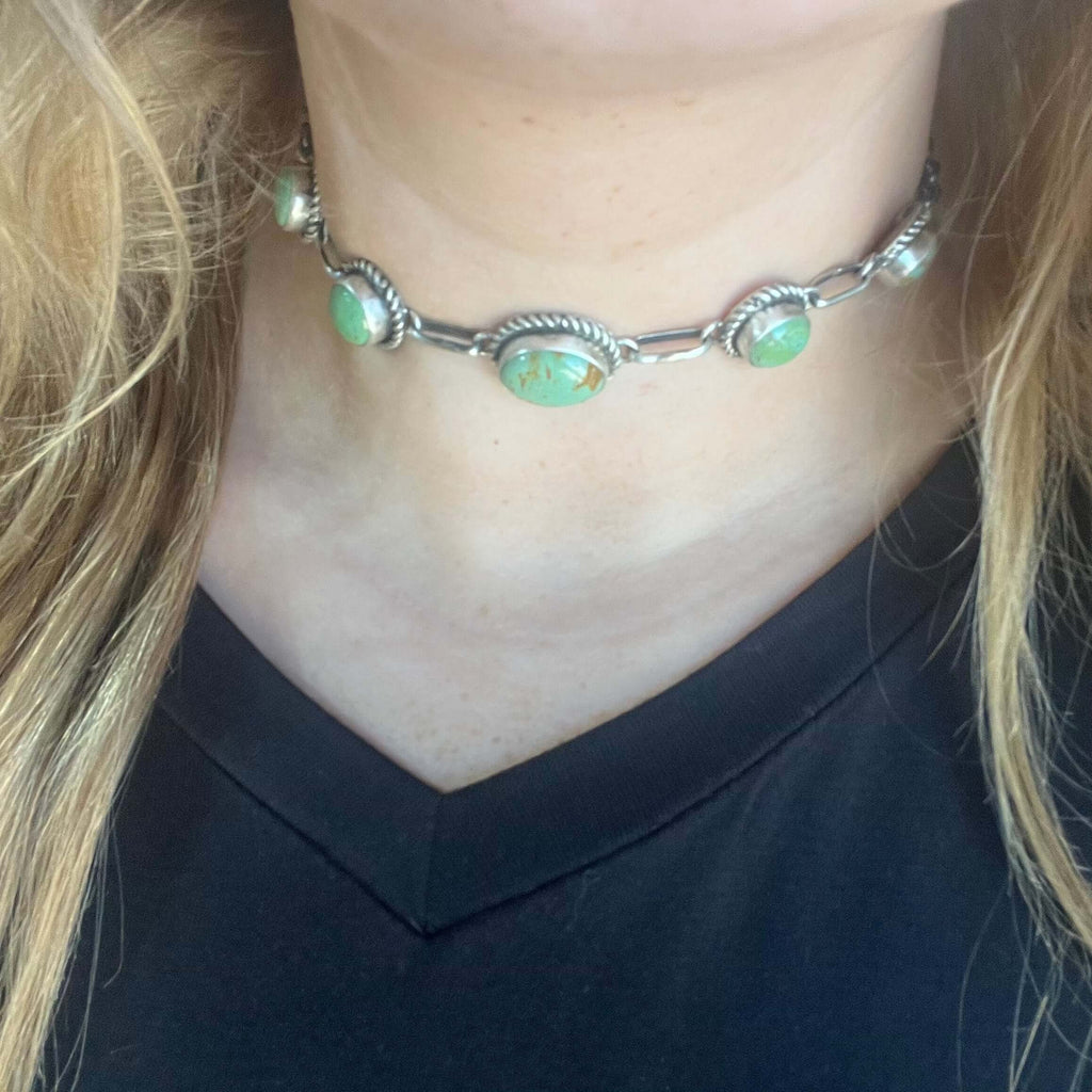 5 Stone Green Turquoise Choker Genuine 16 inch Necklace.1