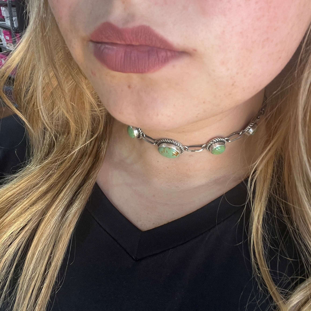 5 Stone Green Turquoise Choker Genuine 16 inch Necklace.