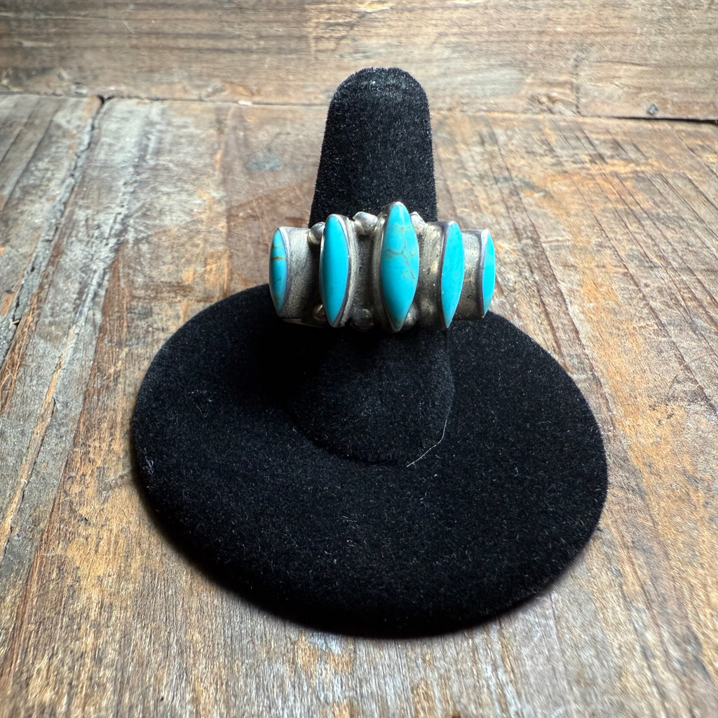 5 Stone Marquis Genuine Turquoise Sterling Silver Ring / size 7777