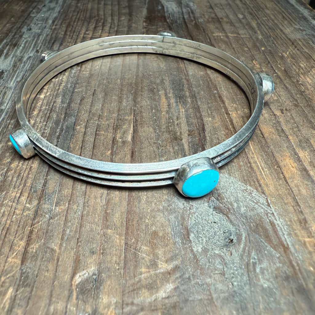 5 Turquoise Stone with Lined Sterling Silver Detail Bangle Genuine Bracelet2