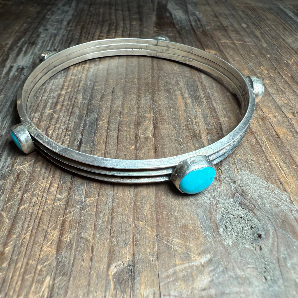 5 Turquoise Stone with Lined Sterling Silver Detail Bangle Genuine Bracelet5