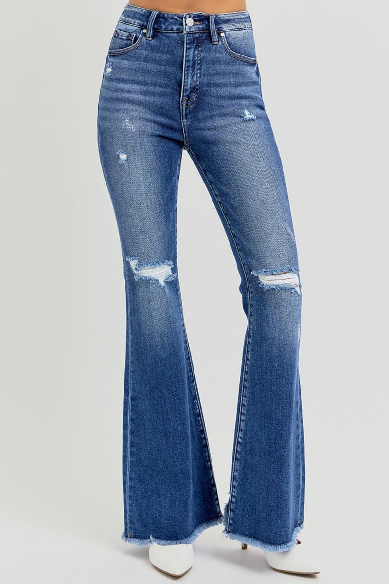 RISEN  High Rise Distressed Raw Hem Flare Jeans