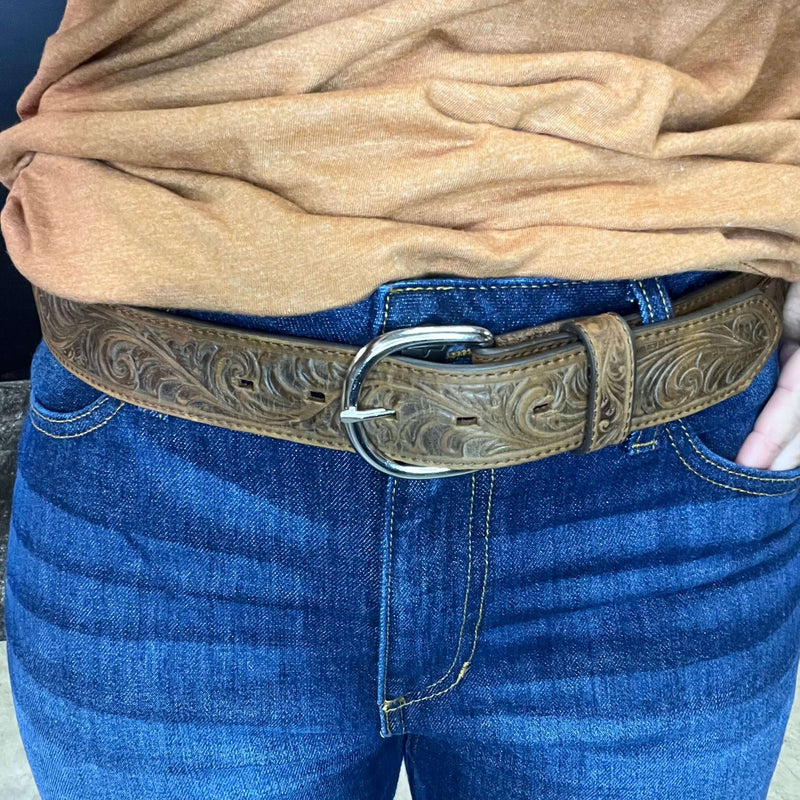 Justin Brown Leather Tooled Belt