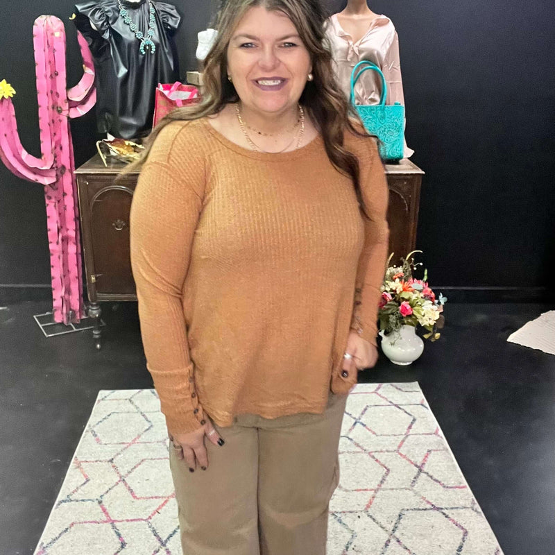 Pumpkin Orange Wide Neck Thermal Knit Longsleeve Top / Medium
