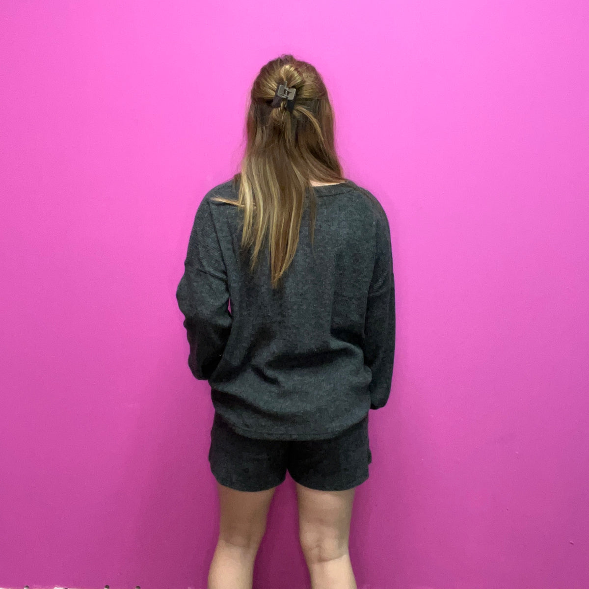 Charcoal Black Comfy Set Long Sleeve Top w/ Pockets Shorts