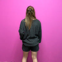 Charcoal Black Comfy Set Long Sleeve Top w/ Pockets Shorts