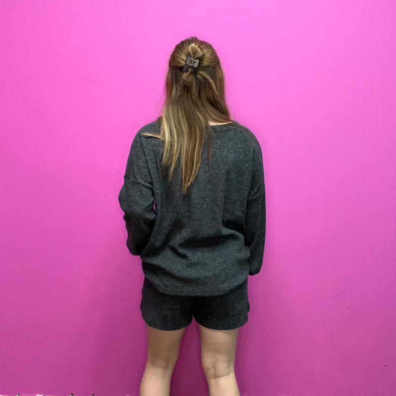 Charcoal Black Comfy Set Long Sleeve Top w/ Pockets Shorts