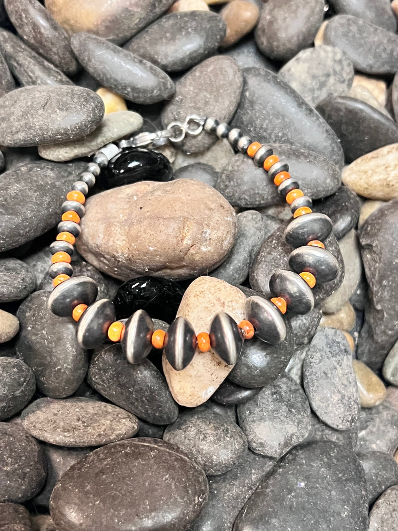 Navajo Saucer & Pearls with Orange Spiny Clasp Genuine Bracelet