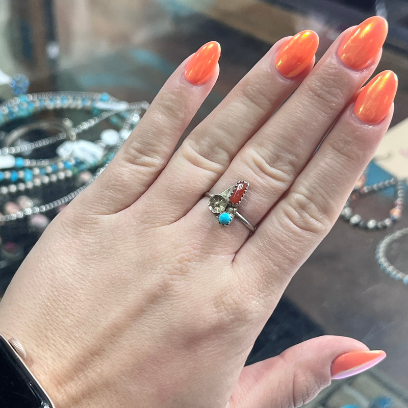 Dainty Turquoise & Red Coral with Sterling Silver flower Genuine Ring.