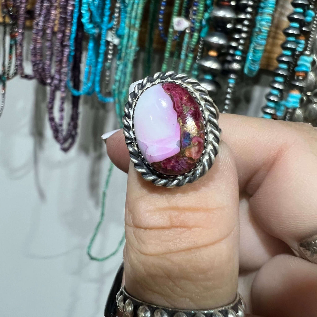 Pink Dahlia Oval Braided Sterling Silver Ring