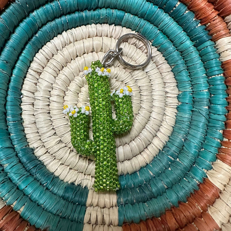 Beaded  Shiny Green Cactus with Flowers Keychain