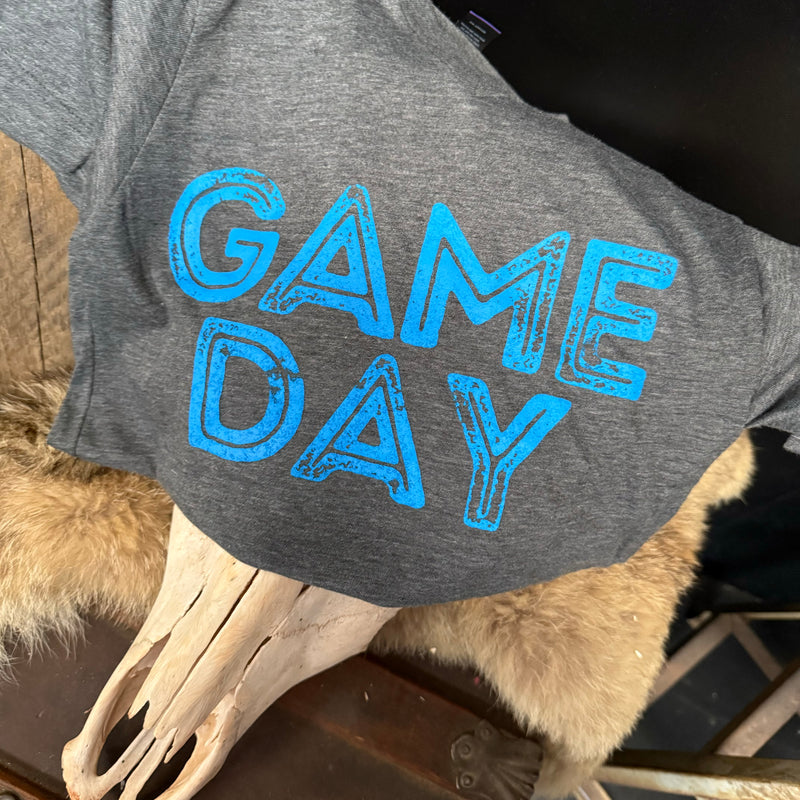 Heather Charcoal Grey Game Day with Blue V- Neck T-shirt.