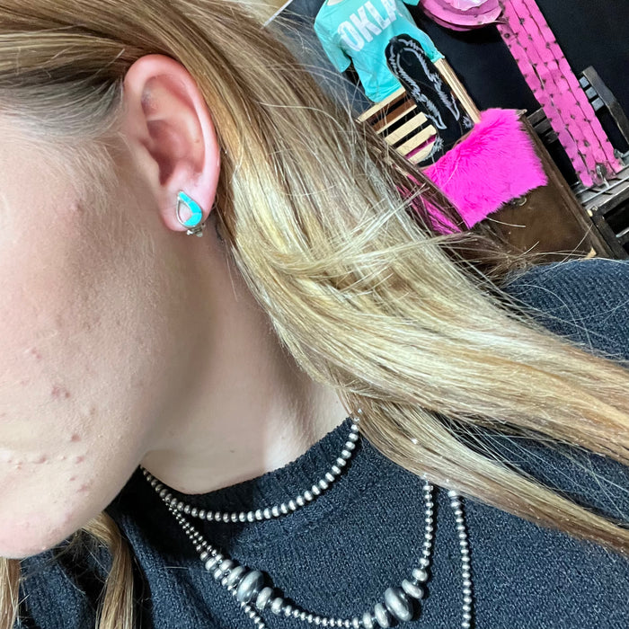 Vintage Turquoise Inlay Clip On Sterling Silver Earring
