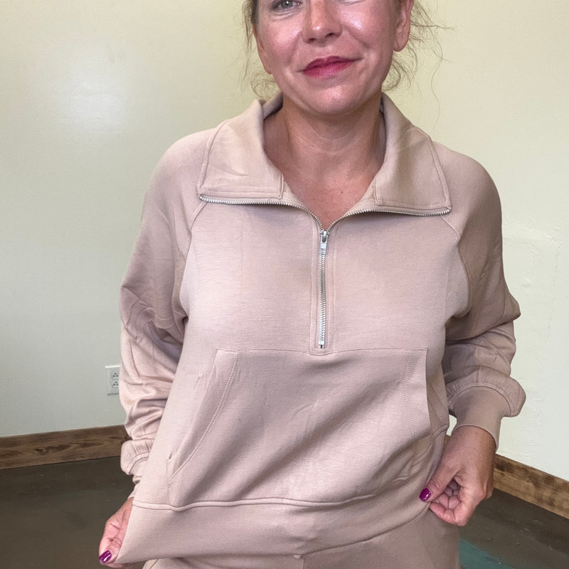 Dark Taupe Super Soft Half Zip Crop Sweat Shirt