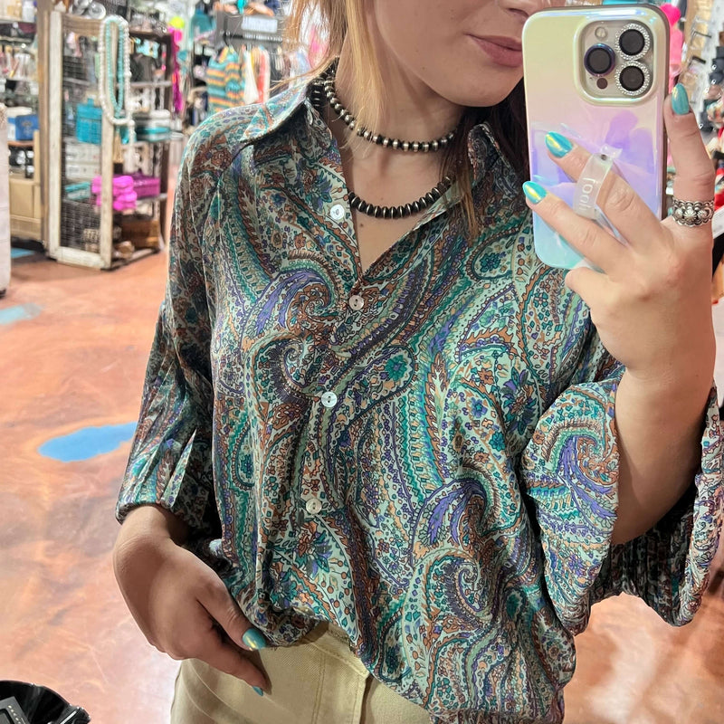 Paisley Print Bubble Long Sleeve Button Down Top