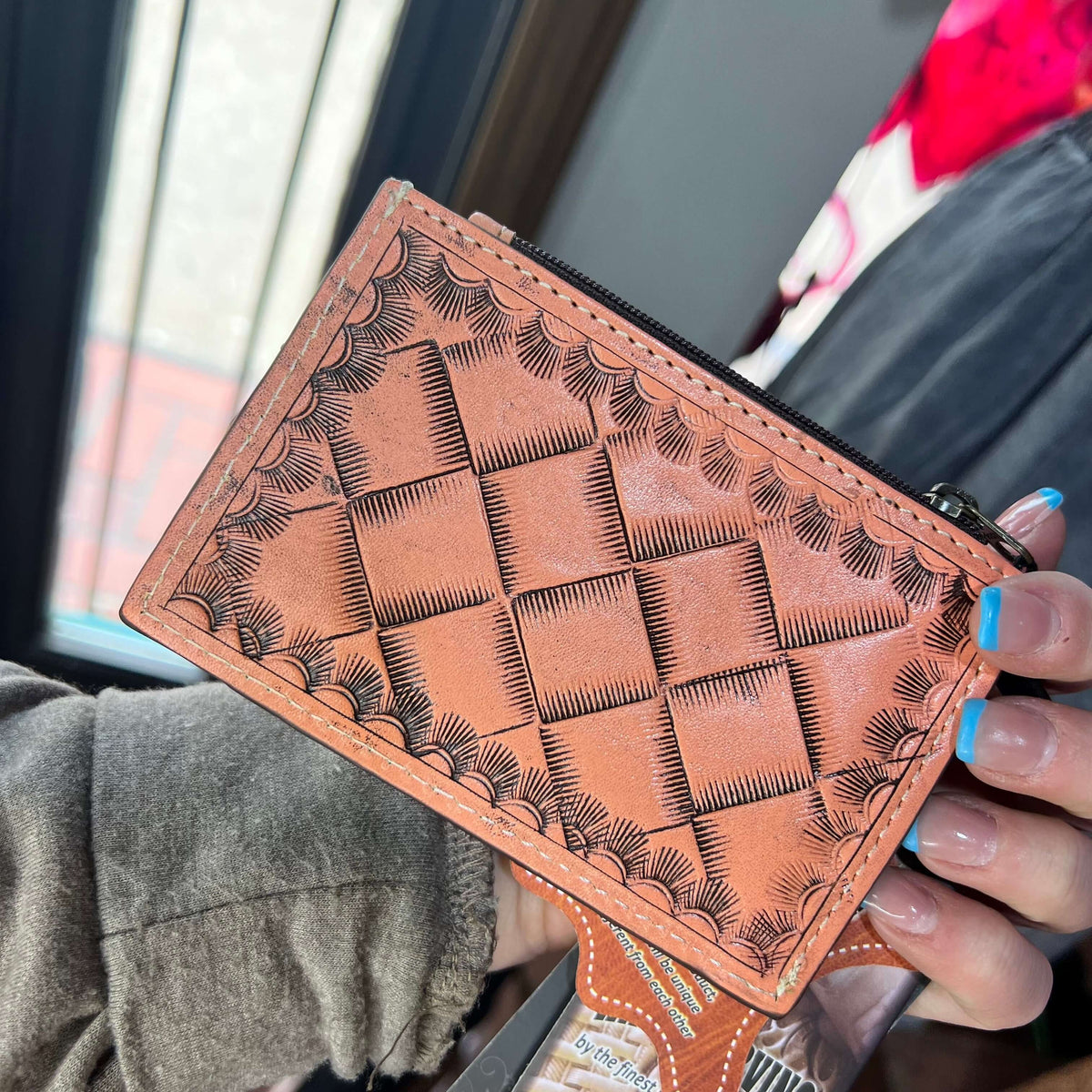 Natural Tooled Leather Card Holder with Zipper