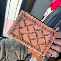Natural Tooled Leather Card Holder with Zipper