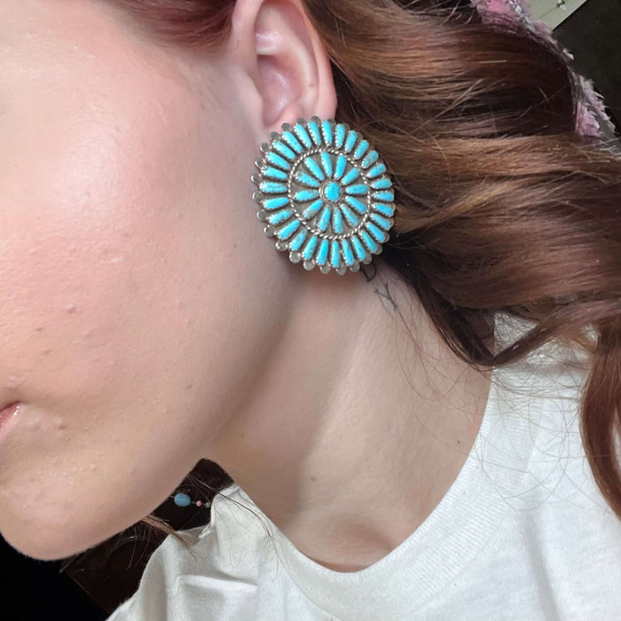 Authentic Round Cluster 41 Stone Kingman Turquoise Sterling Silver Earring