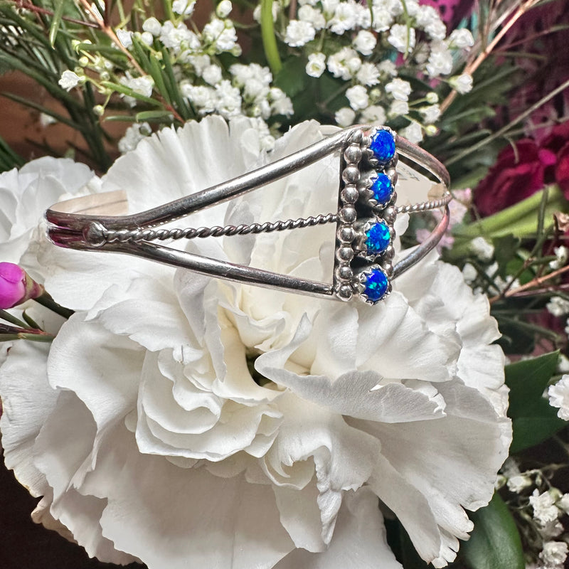 4 Stone Blue Opal Vertical Cuff Genuine Bracelet