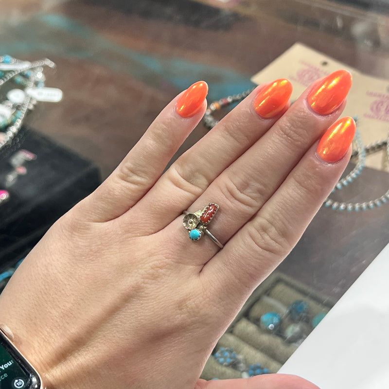 Dainty Turquoise & Red Coral with Sterling Silver flower Genuine Ring.