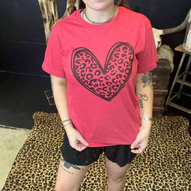 Black Leopard Heart on Heather Red T-shirt