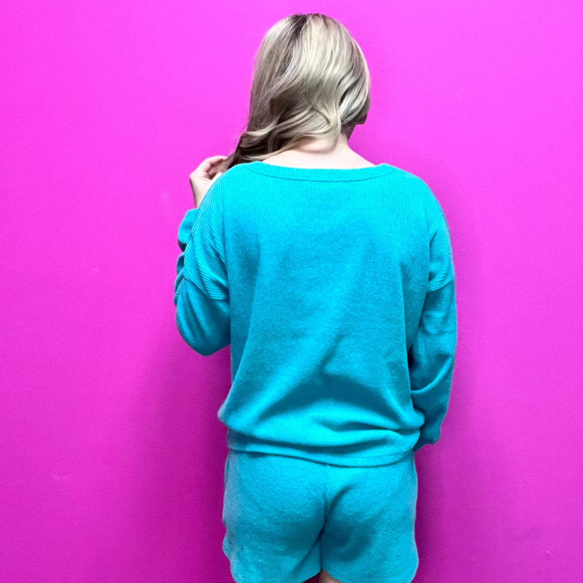 Turquoise Comfy Set Long Sleeve Top w/ Pockets Shorts