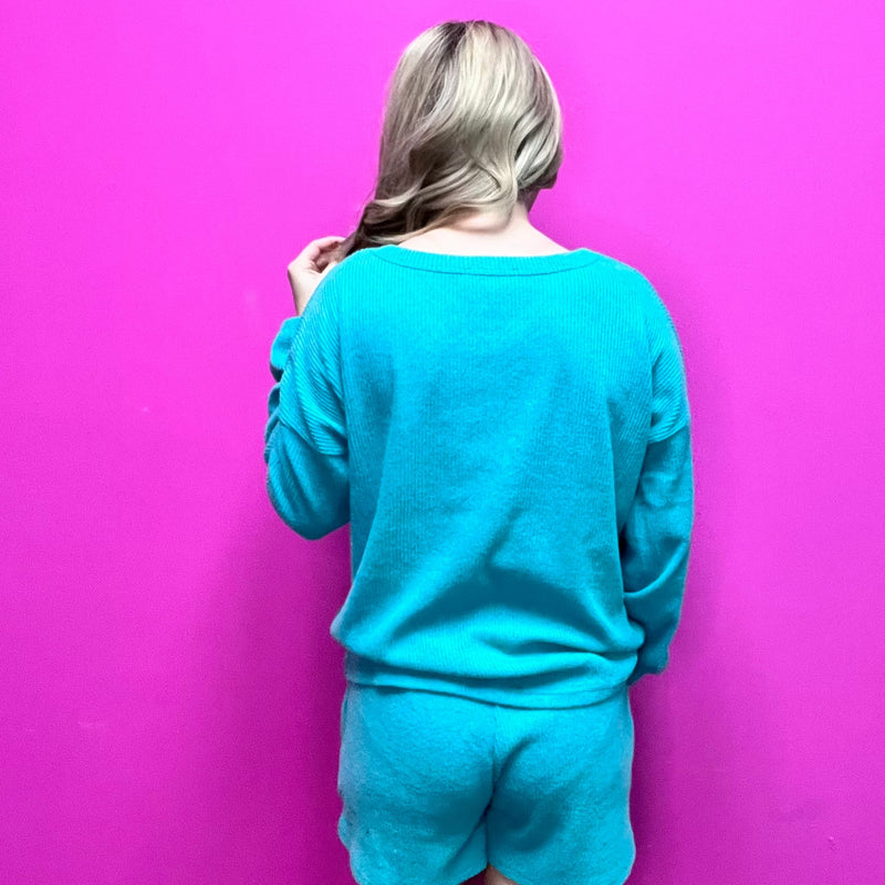 Turquoise Comfy Set Long Sleeve Top w/ Pockets Shorts