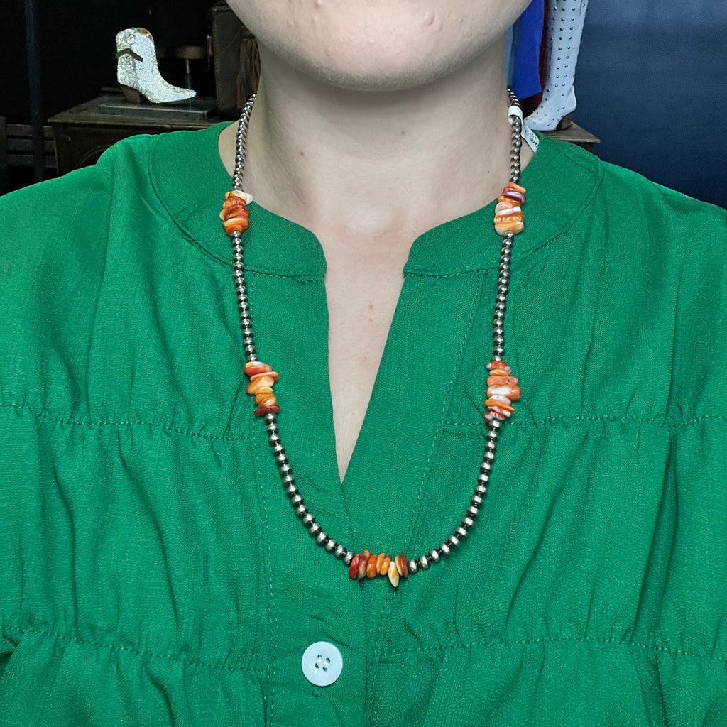 22 inch 4mm Navajo Pearl with Orange Spiny Chips Necklace Genuine Necklace