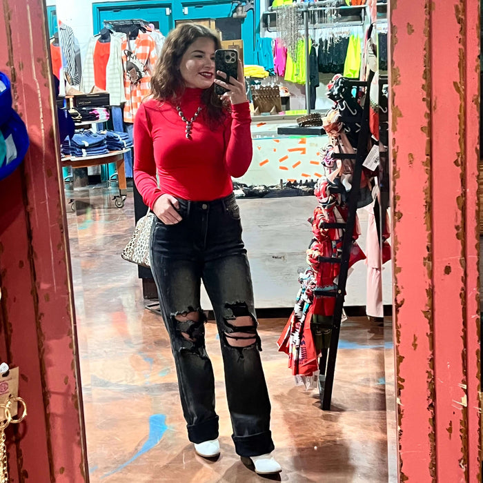 Red Mock Turtle Neck Bodysuit Top