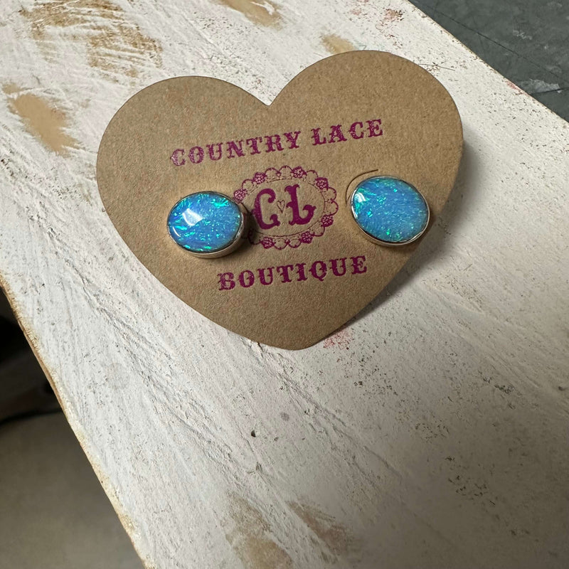 Oval Light Blue Pearl Post Stud Sterling Silver Earring