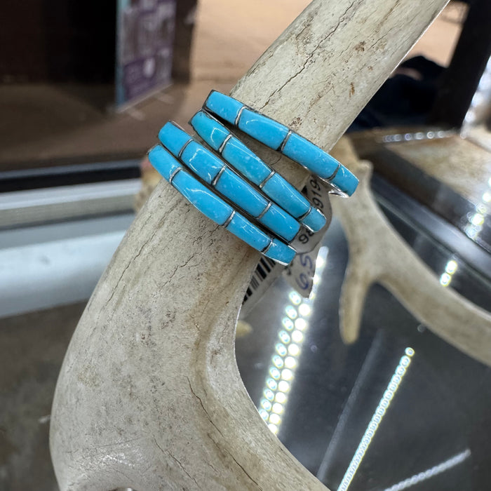 Blue Raised Turquoise 4 Inlay Sterling Silver  Stacker Ring