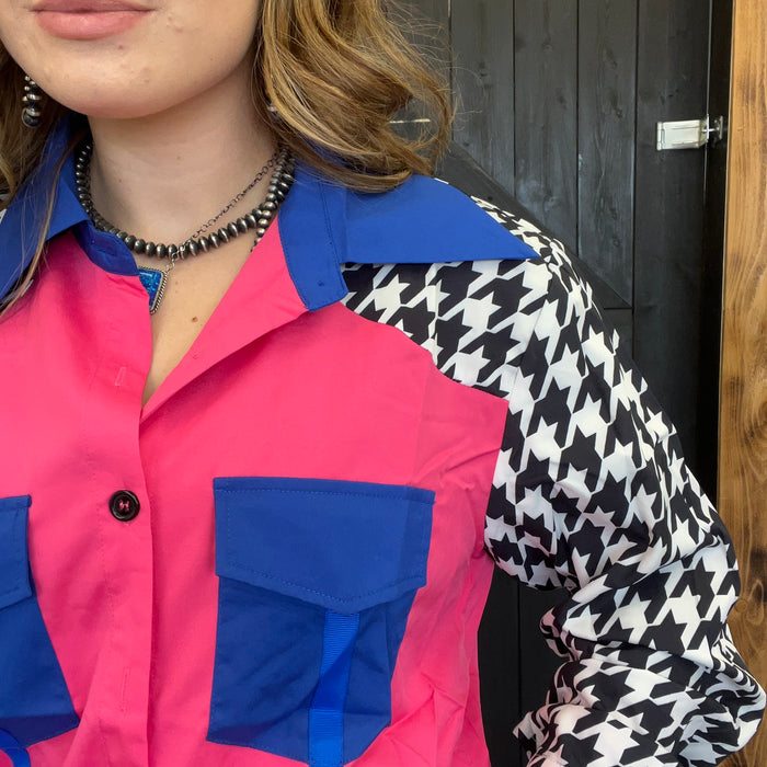  pink, blue, and black pattern button down top
