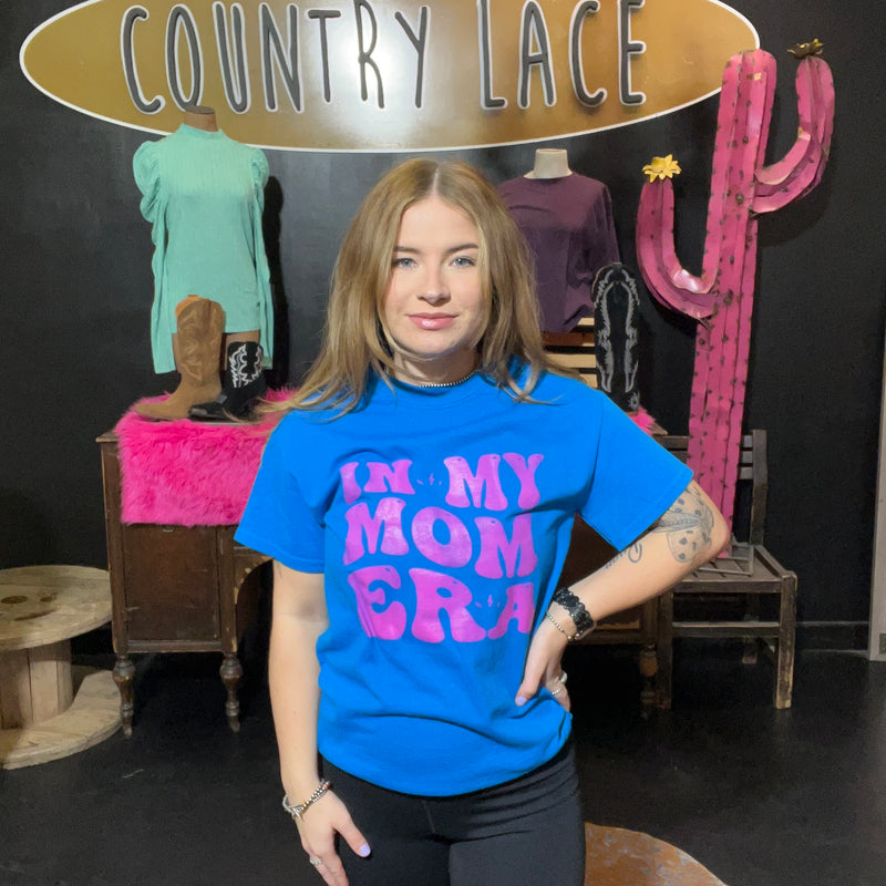 In My Mom Era Blue with Hot Pink Crew Neck T-shirt / Small