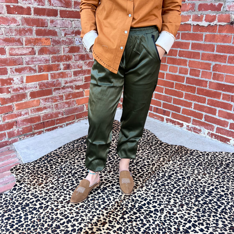 Olive Cargo Satin Joggers.